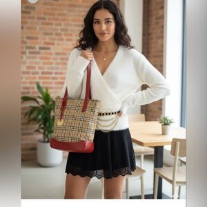 Authentic Burberry vintage Haymarket Check and red leather shoulder bag.